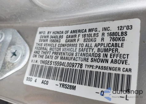 2004 Honda Civic Lx из США, поврежденный, VIN 1HGES15594L009778